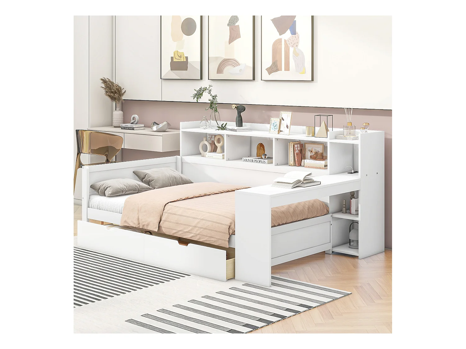 Sofá-cama 90x200 cm MDF com secretária integrada, 2 gavetas e portas USB branco