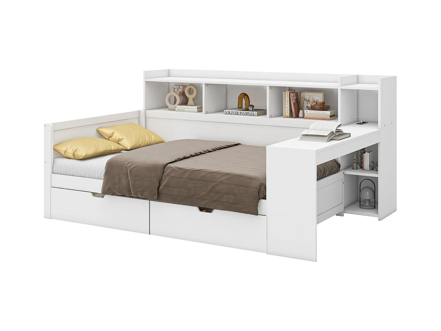 Sofá-cama 90x200 cm MDF com secretária integrada, 2 gavetas e portas USB branco