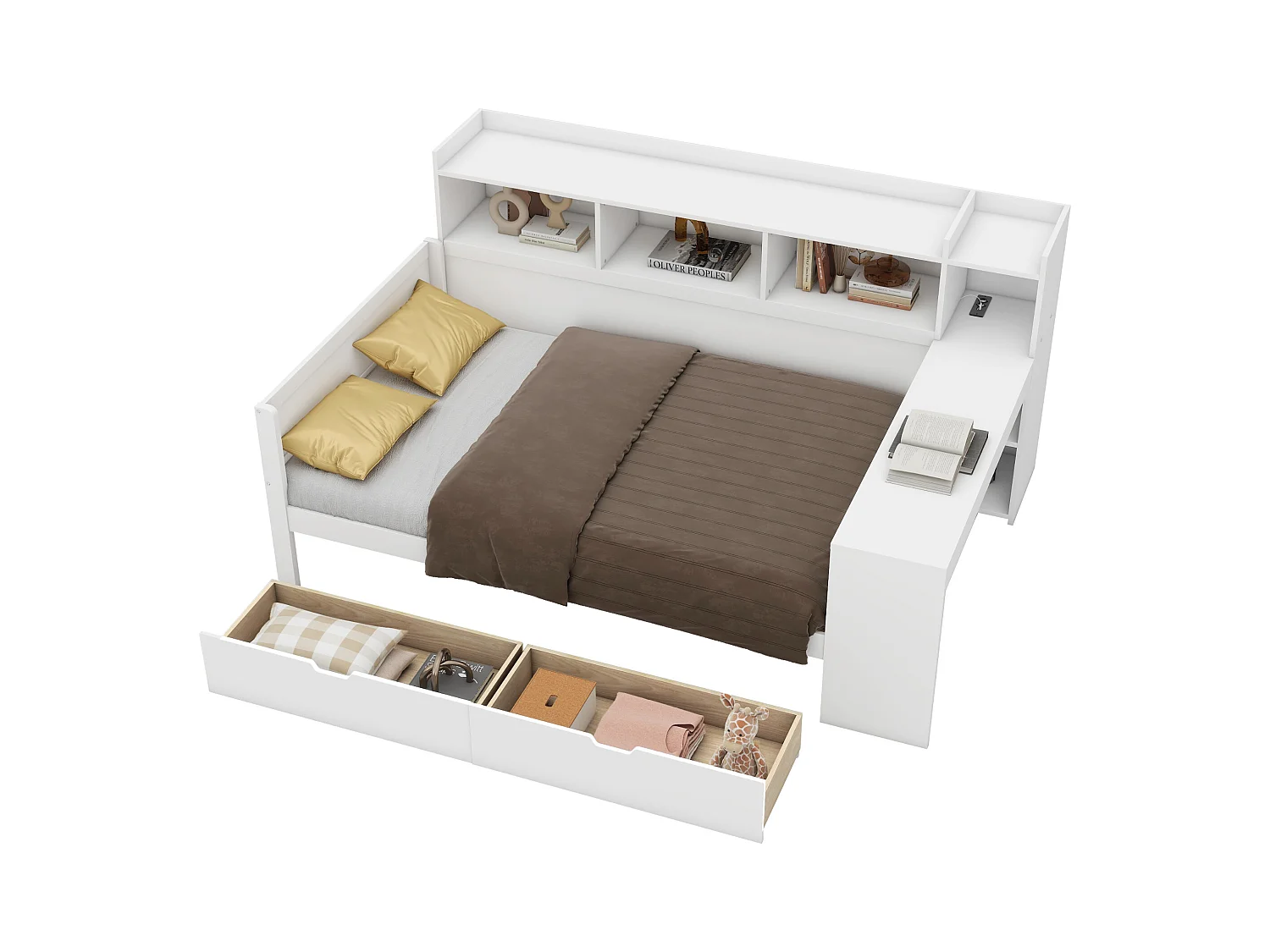 Sofá-cama 90x200 cm MDF com secretária integrada, 2 gavetas e portas USB branco