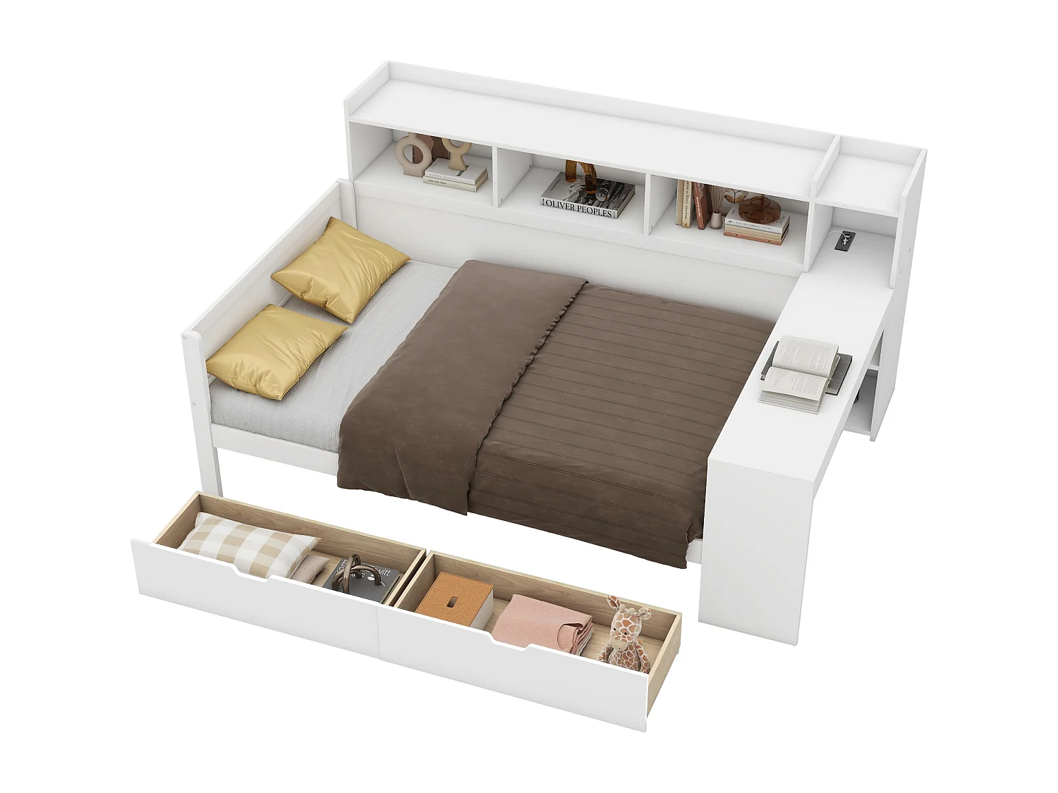 Canapé illuminato 90x200 cm MDF con scrivania integrata, 2 cassetti e porte USB bianche