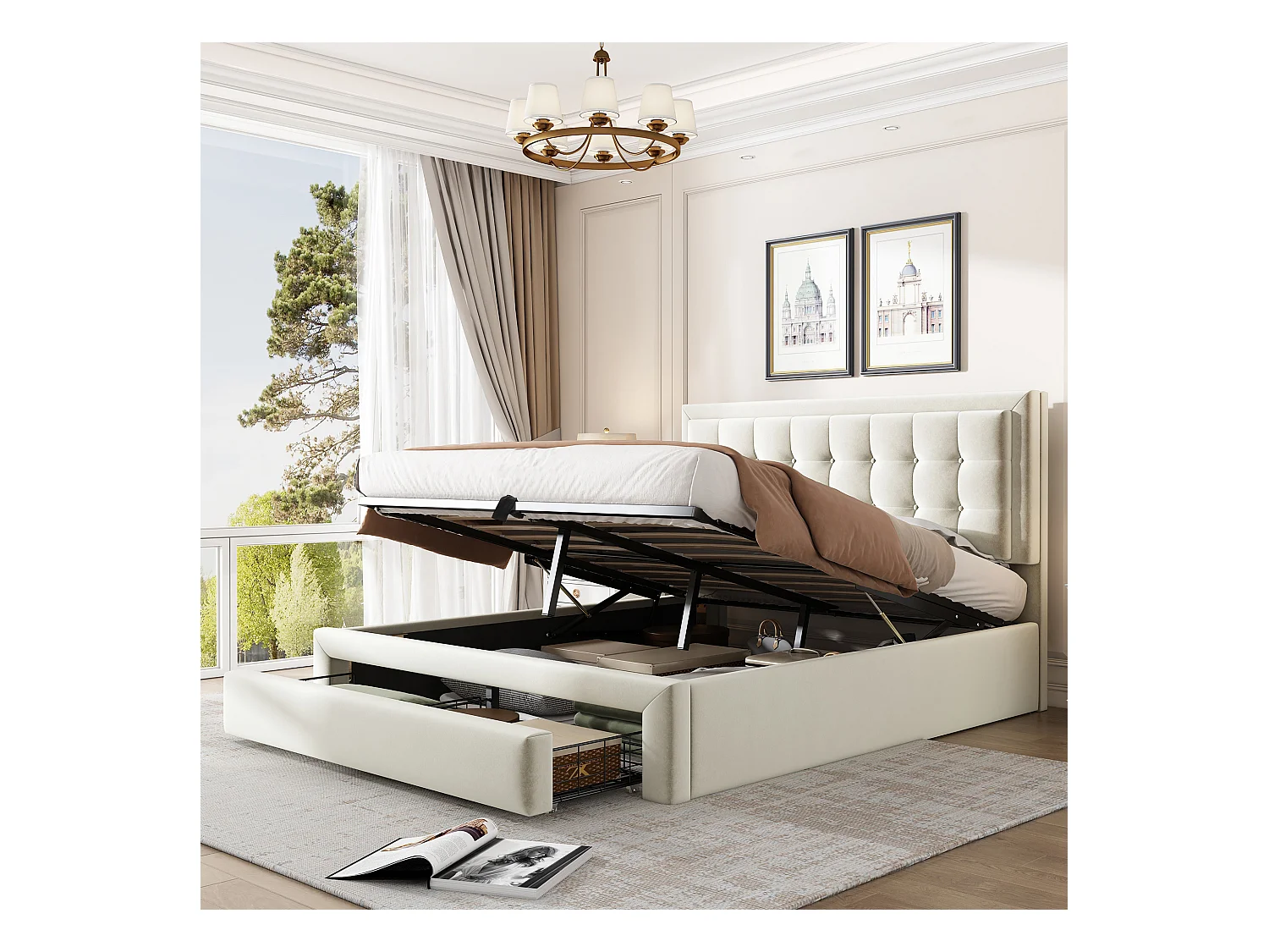 Cama de terciopelo beige de 140x200 cm con cabecero y canapé hidráulico, 2 cajones
