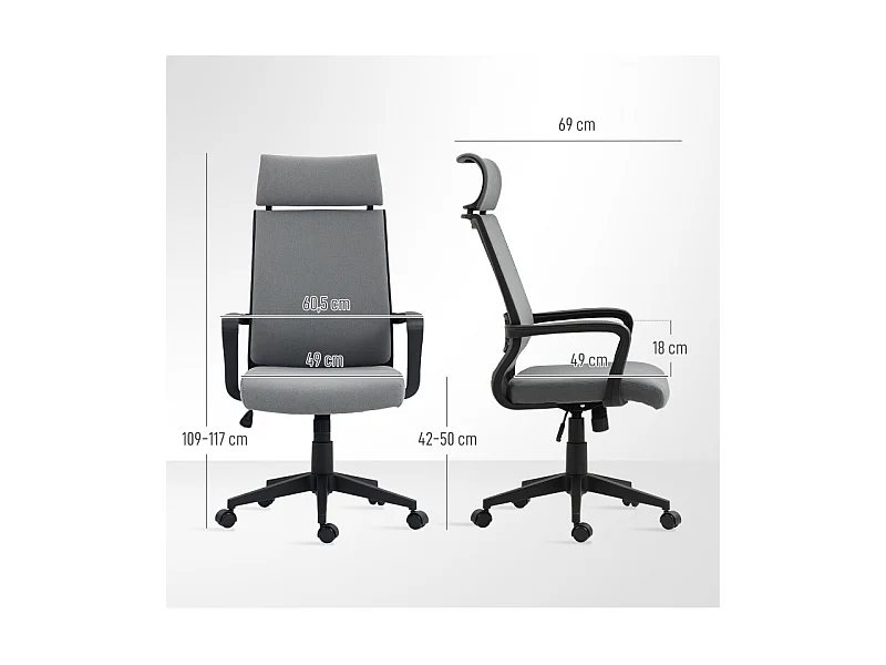 Cadeira de escritório ergonômica em tecido com efeito lã com braços e encosto alto ajustável em cinza escuro