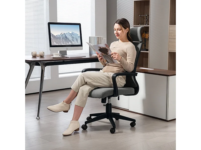 Chaise de bureau ergonomique tissu effet laine avec accoudoirs dossier haut réglable gris foncé