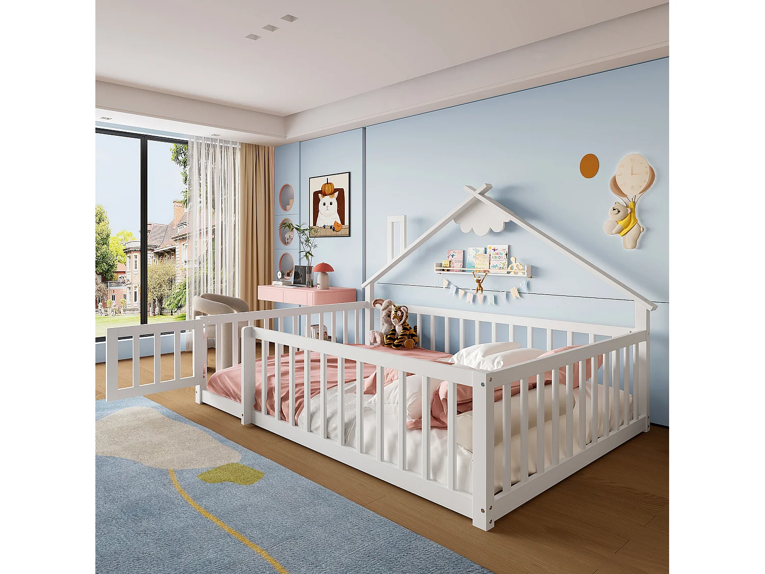 Lit enfant 140x190 cm en bois massif maison, con garde-corps sécurisé, bianco