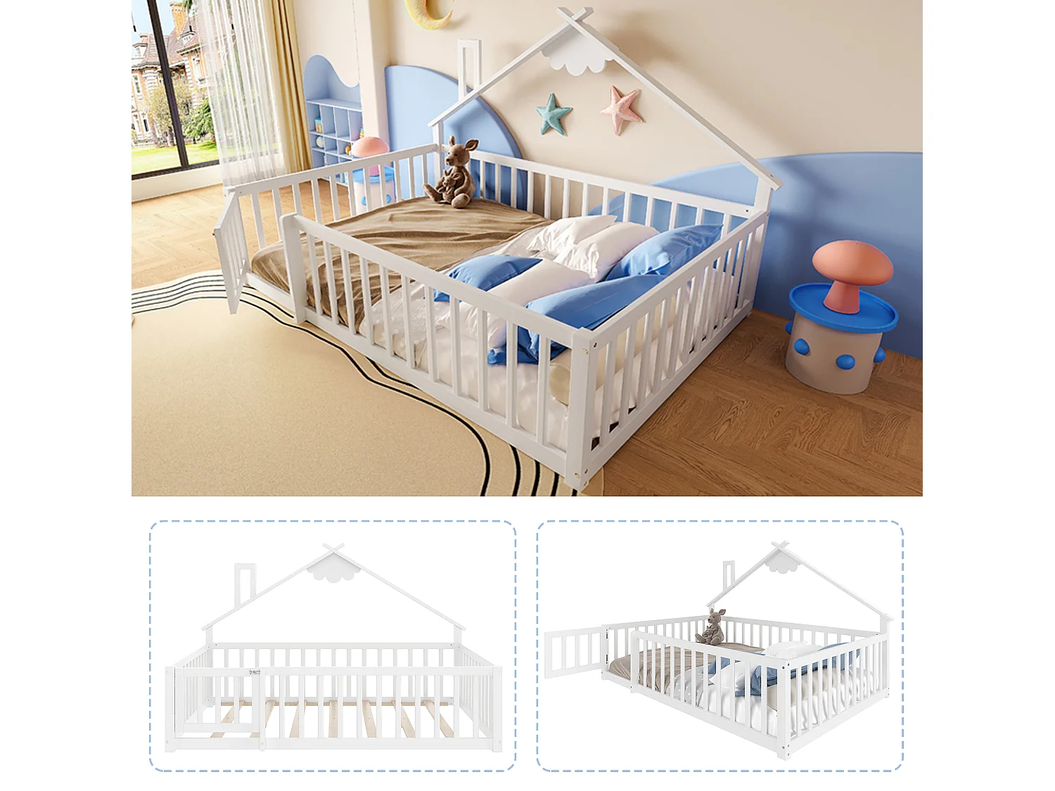 Lit enfant 140x190 cm en bois massif maison, con garde-corps sécurisé, bianco