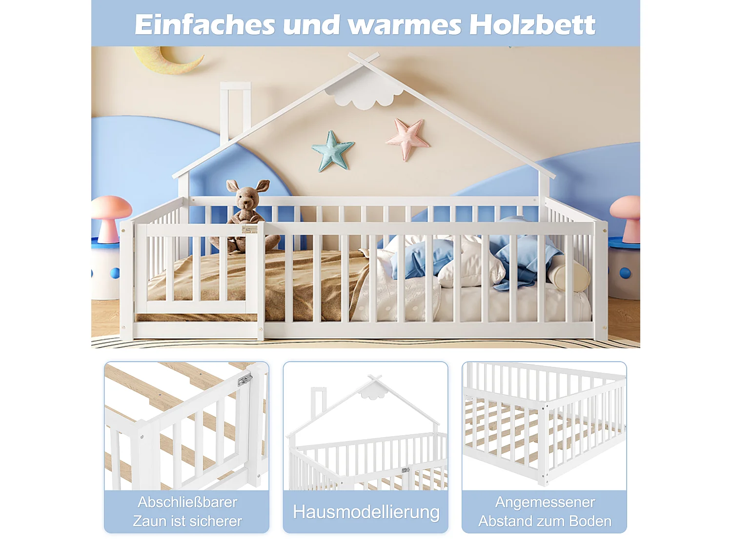 Lit enfant 140x190 cm en bois massif maison, con garde-corps sécurisé, bianco