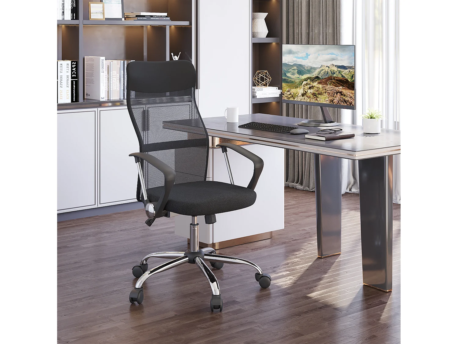 Silla de oficina ergonómica de malla con respaldo ajustable, silla gaming, color negro