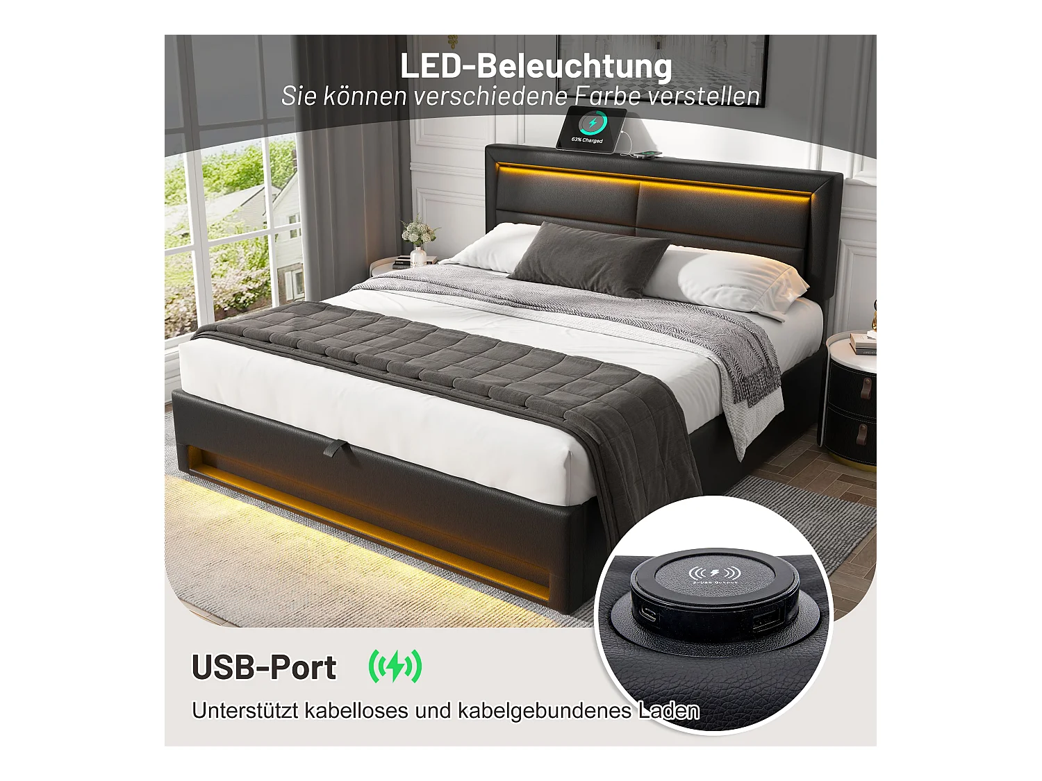 Lit rembourré 140x190 PU nero con LED, porte USB e range integrato design moderno