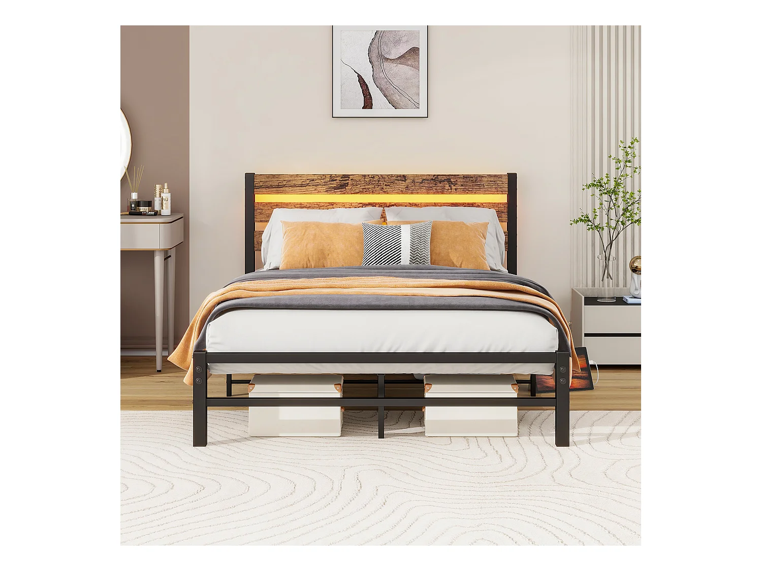 Lit 120x200 métal tête bois LED USB rangement sous lit noir silencieux