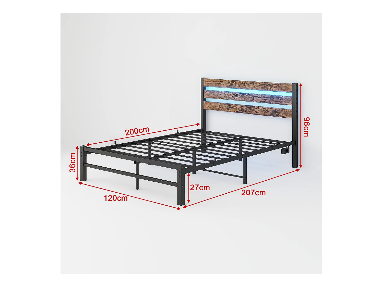 Lit 120x200 métal tête bois LED USB rangement sous lit noir silencieux