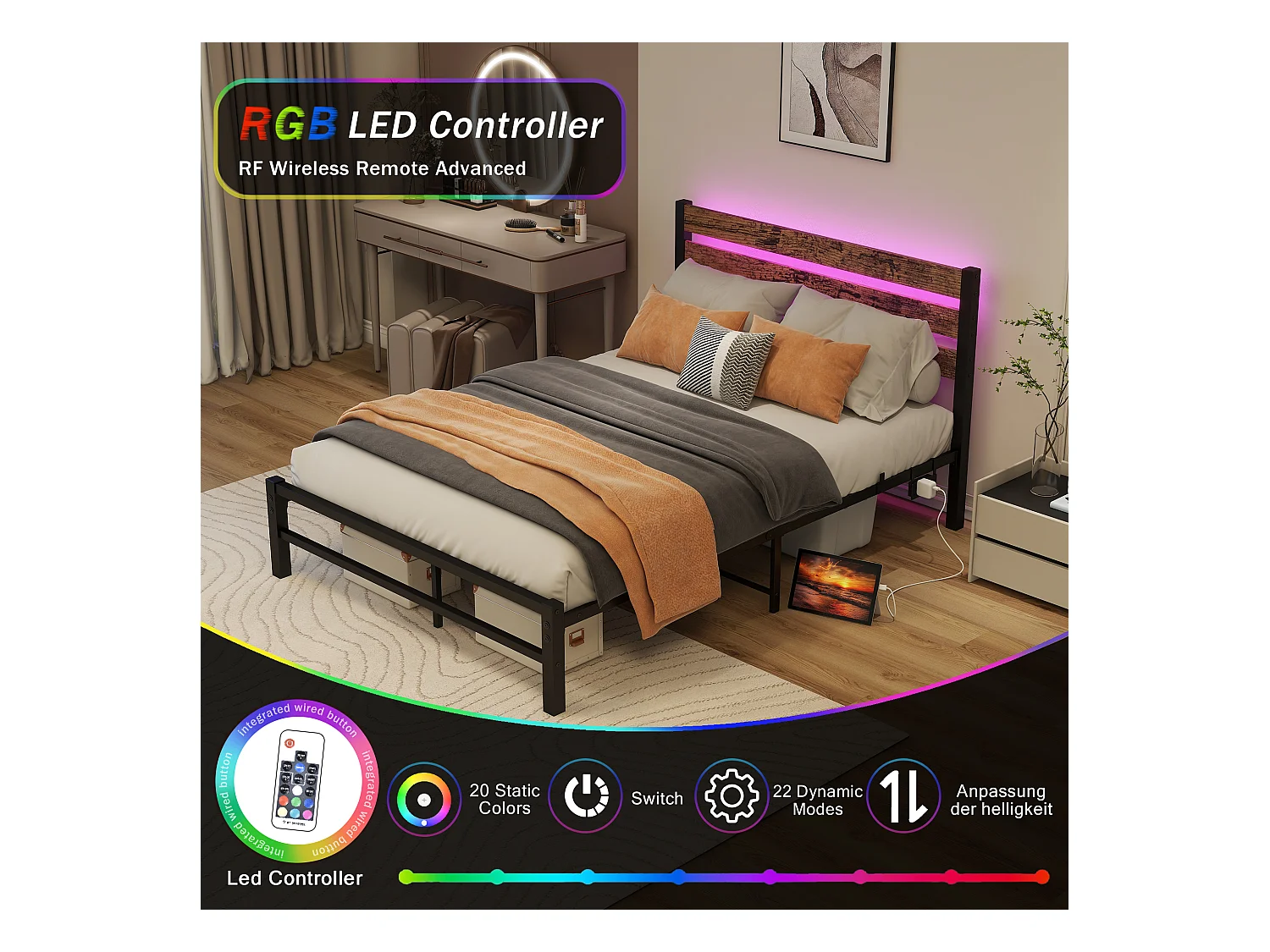 Lit 120x200 métal tête bois LED USB rangement sous lit noir silencieux