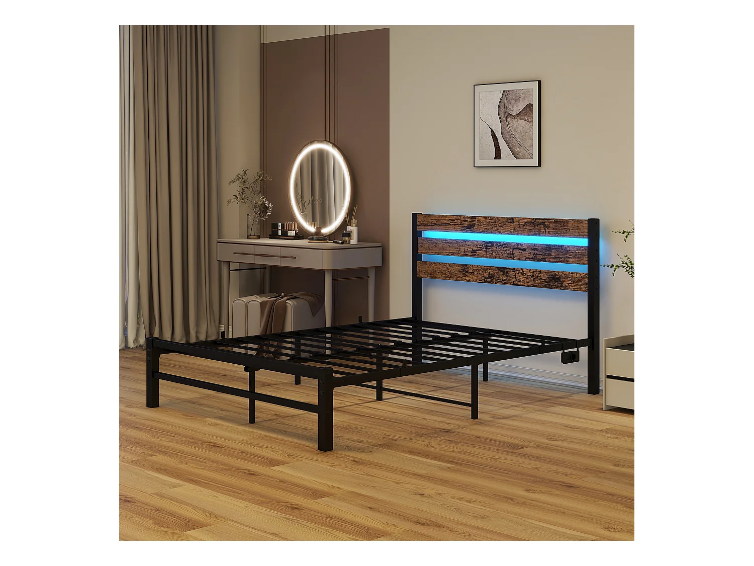 Lit 120x200 métal tête bois LED USB rangement sous lit noir silencieux