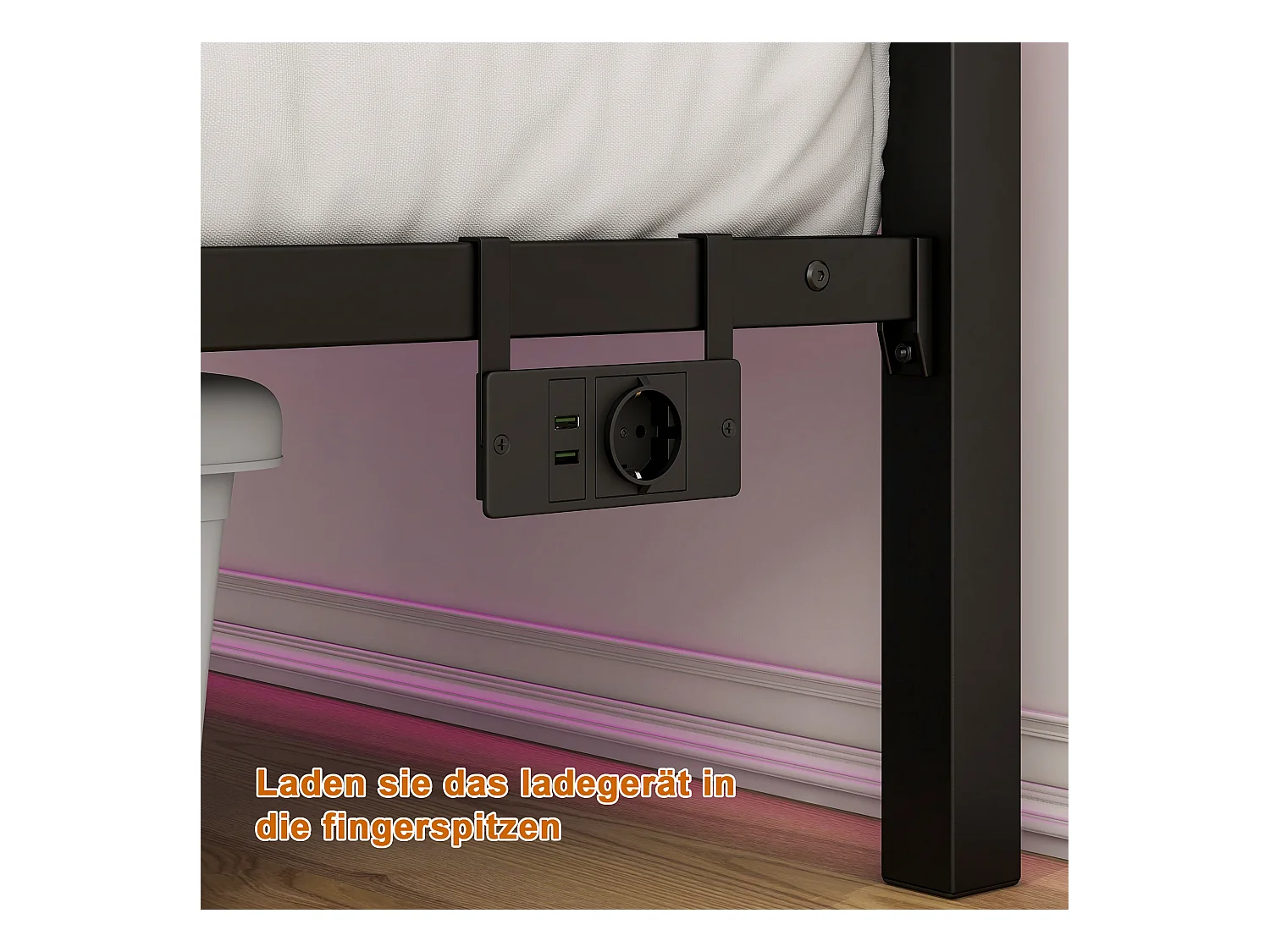 Lit 120x200 métal tête bois LED USB rangement sous lit noir silencieux