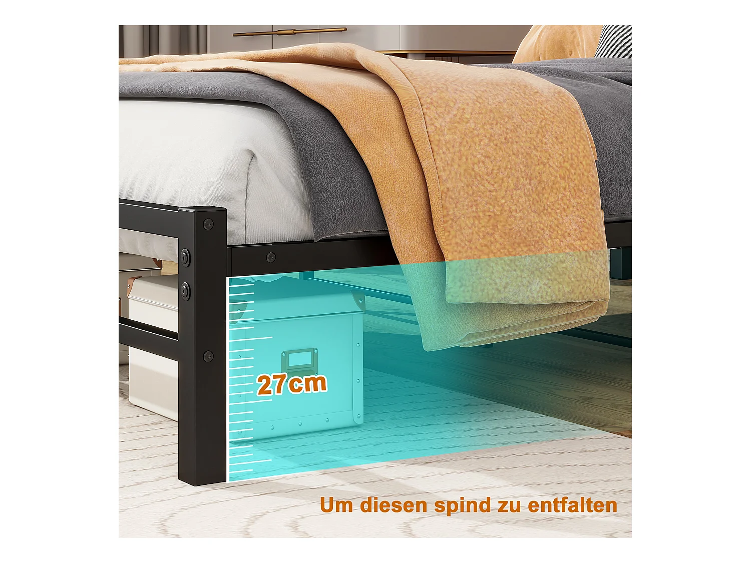 Lit 120x200 métal tête bois LED USB rangement sous lit noir silencieux