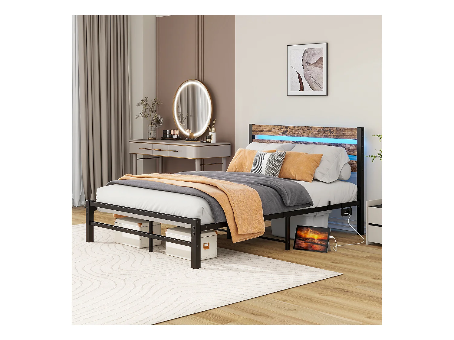 Lit 120x200 métal tête bois LED USB rangement sous lit noir silencieux