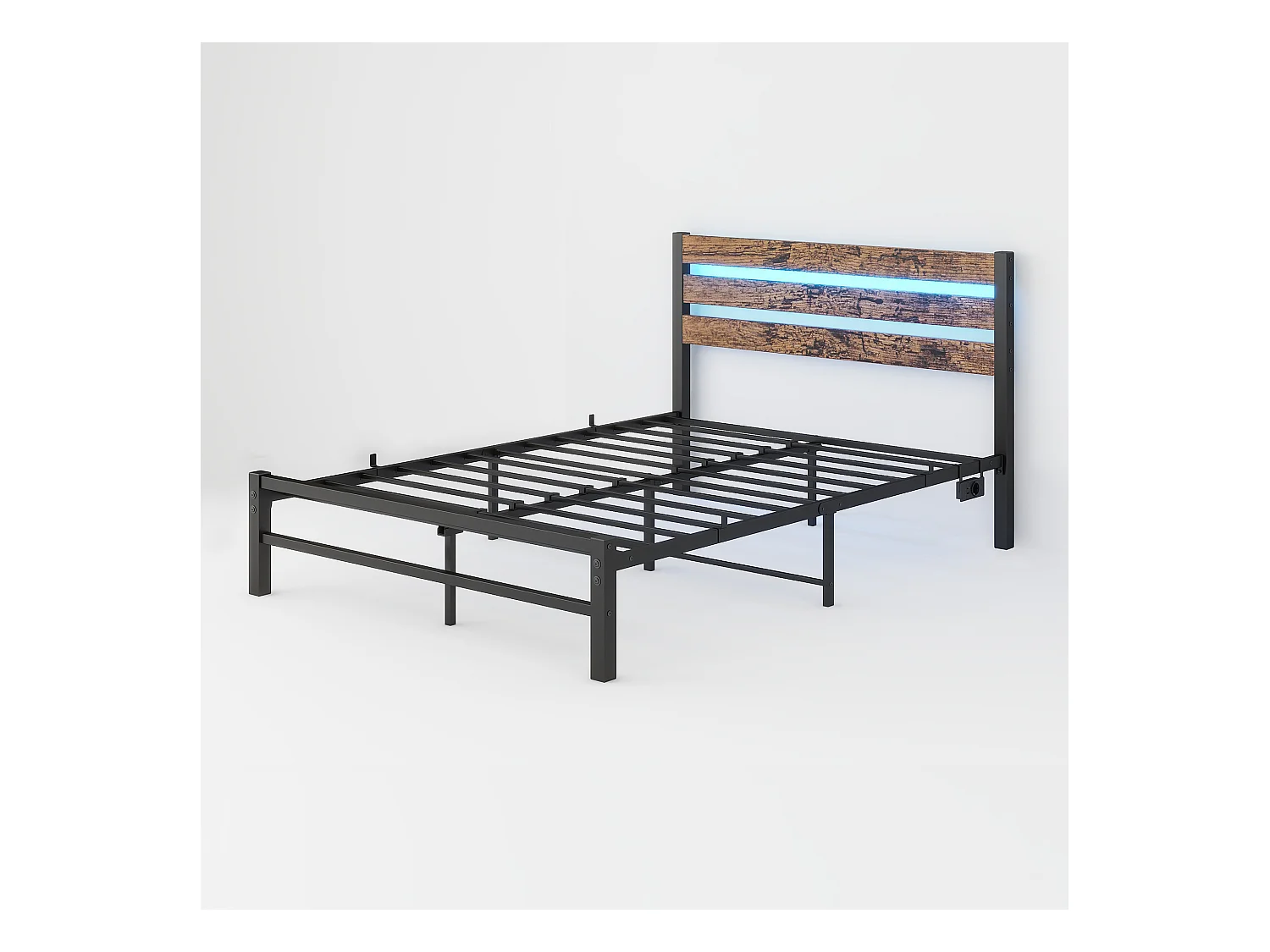 Lit 120x200 métal tête bois LED USB rangement sous lit noir silencieux