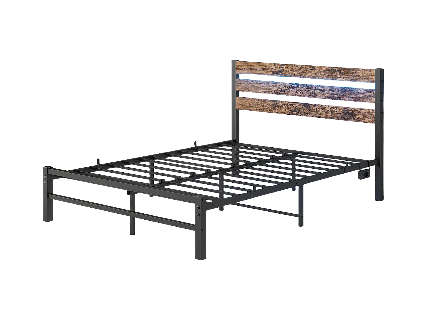 Lit 120x200 métal tête bois LED USB rangement sous lit noir silencieux