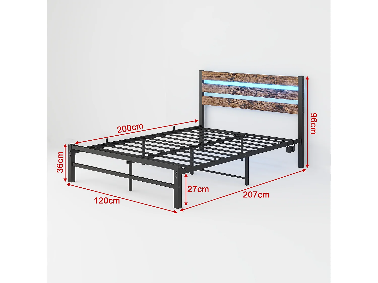Lit 120x200 métal tête bois LED USB rangement sous lit noir silencieux