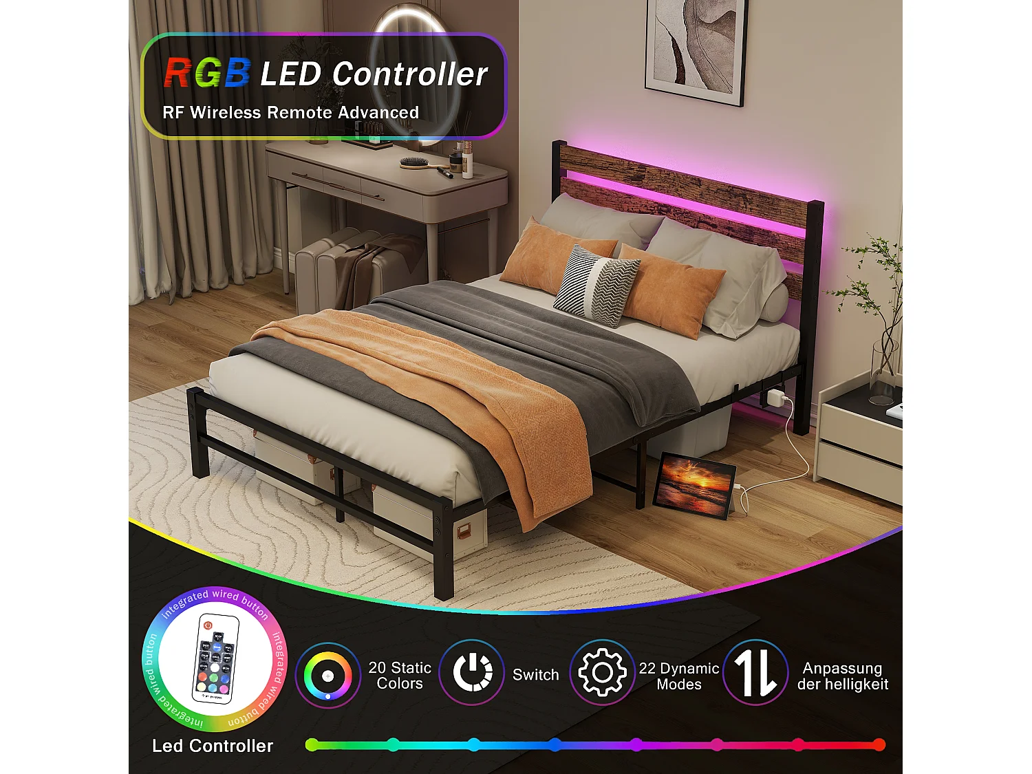 Lit 120x200 métal tête bois LED USB rangement sous lit noir silencieux