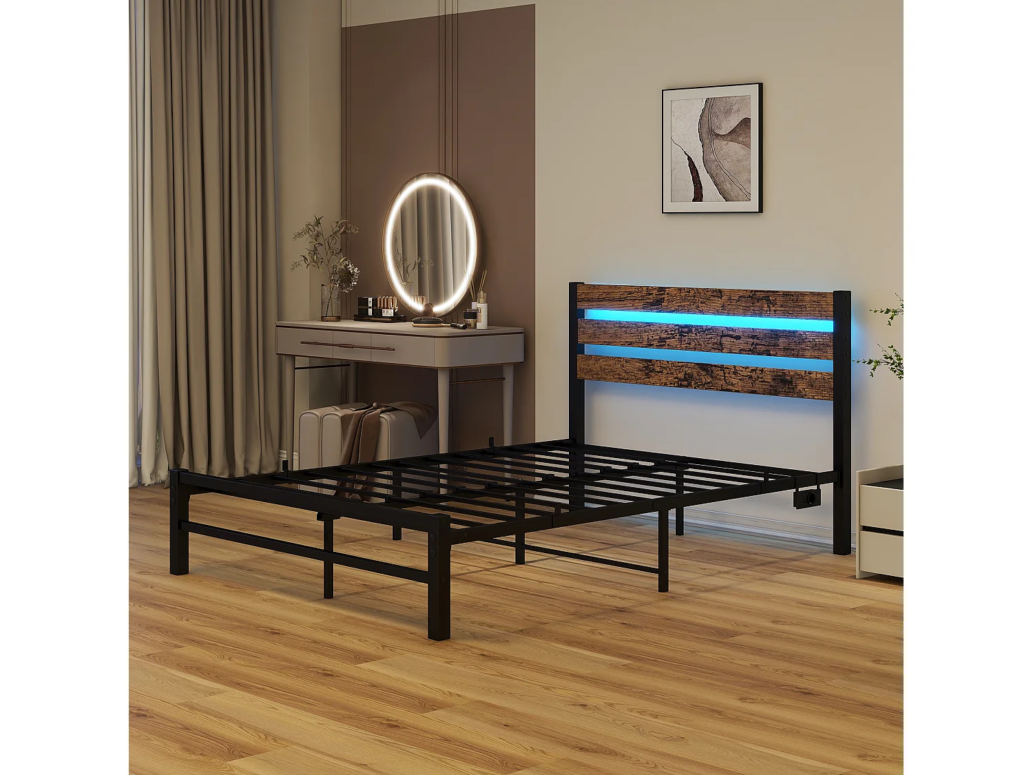Lit 120x200 métal tête bois LED USB rangement sous lit noir silencieux