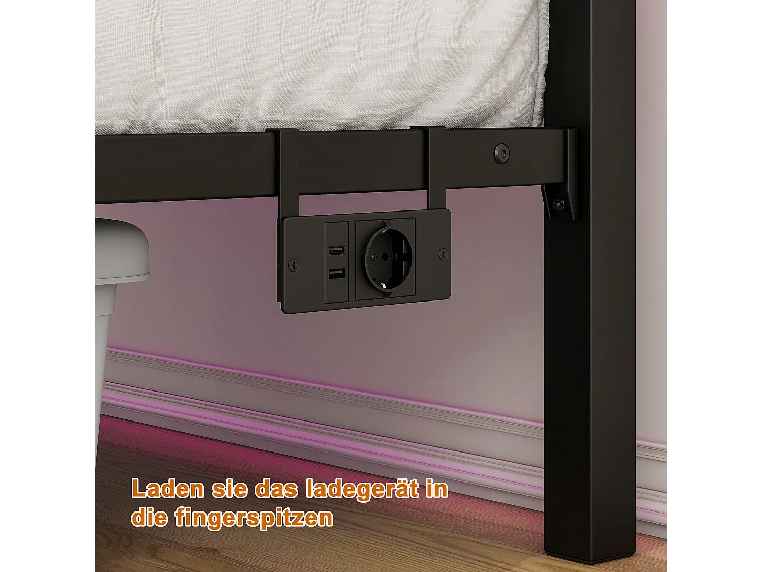Lit 120x200 métal tête bois LED USB rangement sous lit noir silencieux