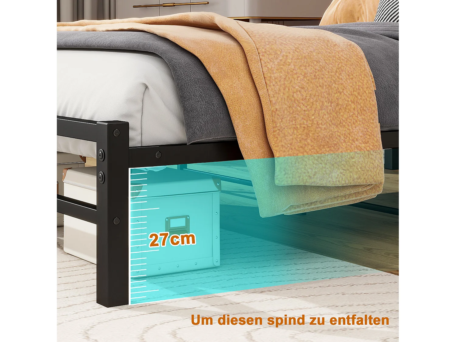 Lit 120x200 métal tête bois LED USB rangement sous lit noir silencieux