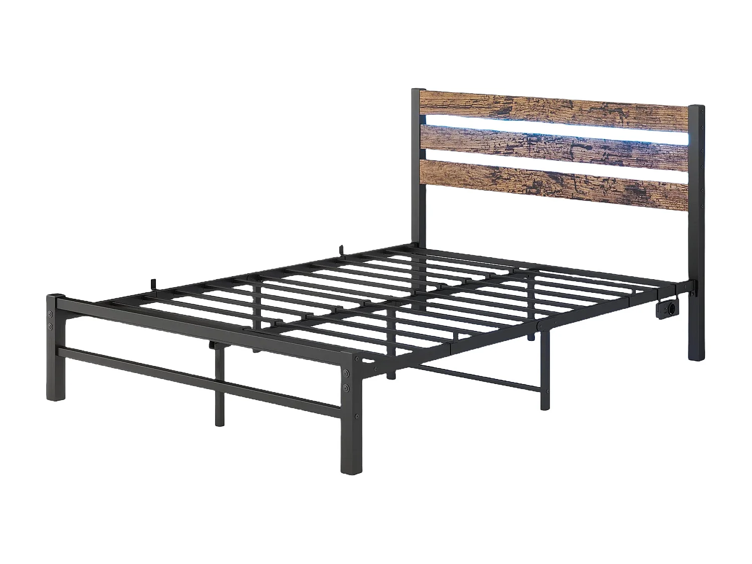 Lit 120x200 métal tête bois LED USB rangement sous lit noir silencieux