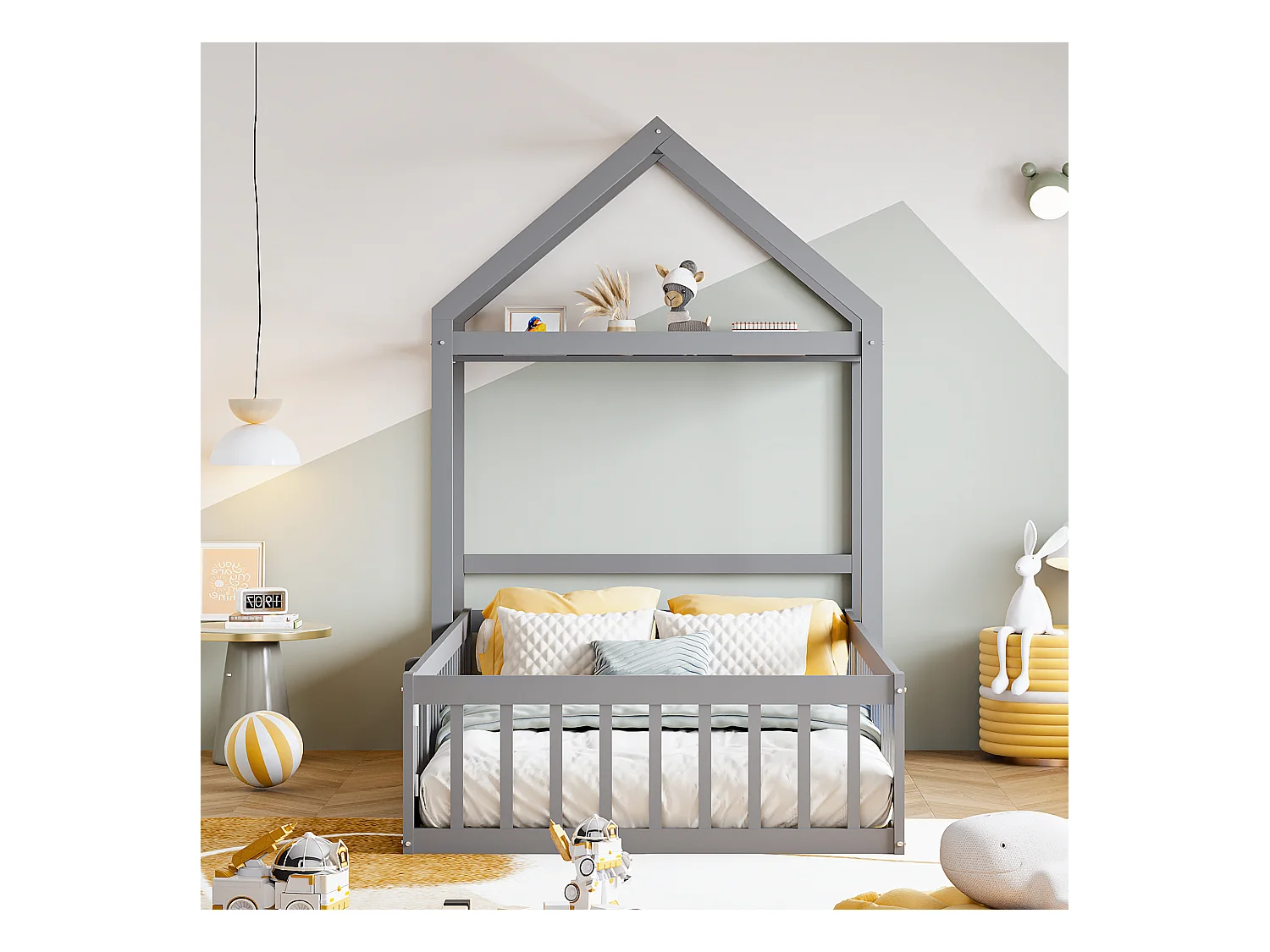 Cama infantil de madeira maciça 90x200 com arrumação e grades de segurança, cinza