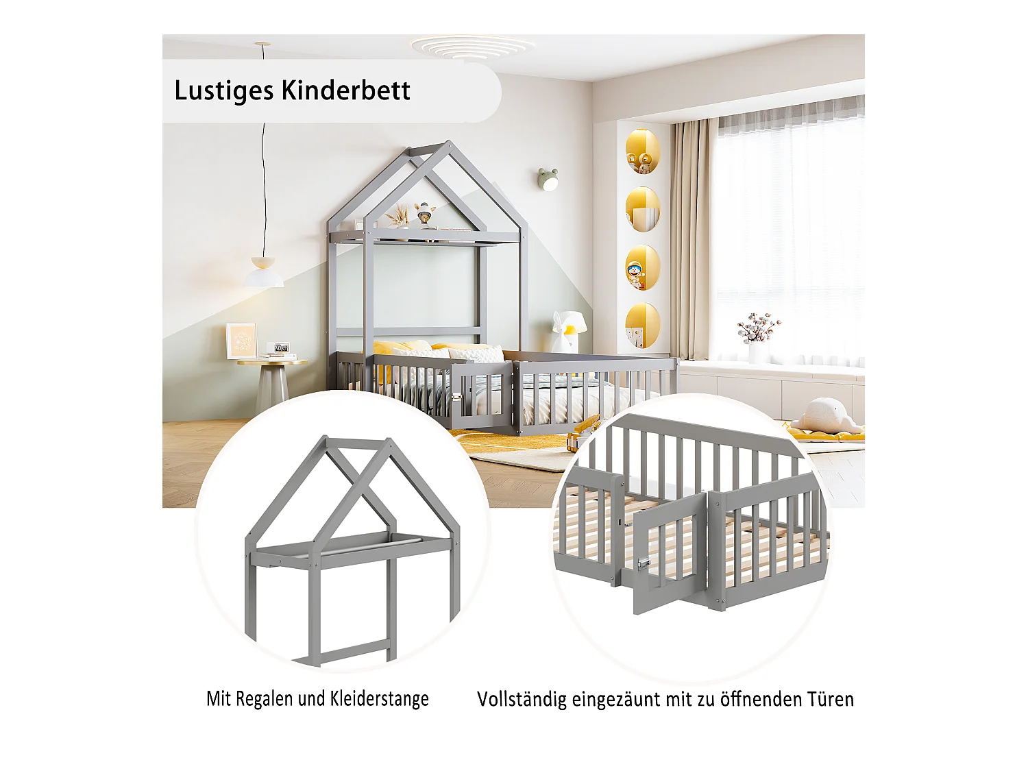 Cama infantil de madeira maciça 90x200 com arrumação e grades de segurança, cinza