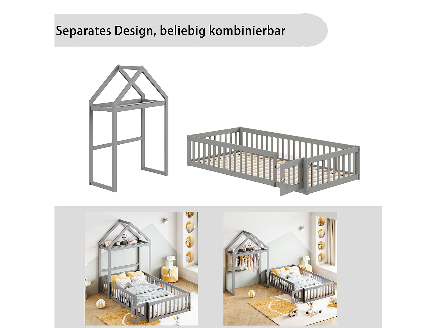 Cama infantil de madeira maciça 90x200 com arrumação e grades de segurança, cinza
