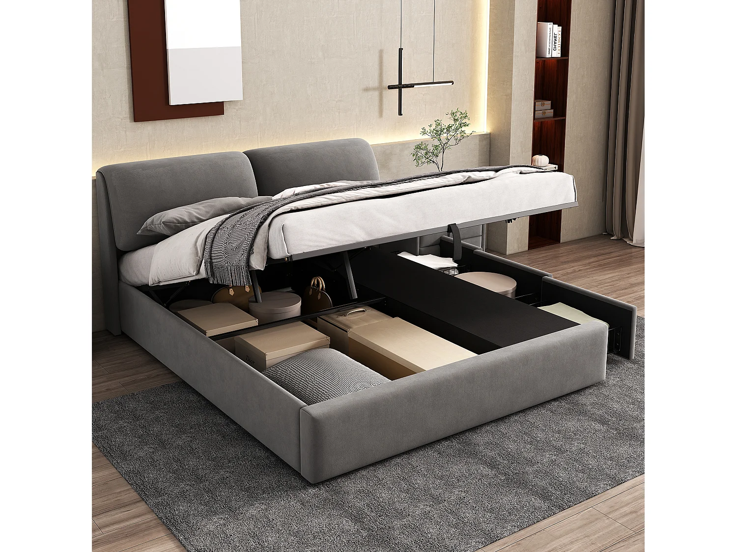 Cama de casal 180x200 veludo cinza com armários hidráulicos, gavetas e cabeceira