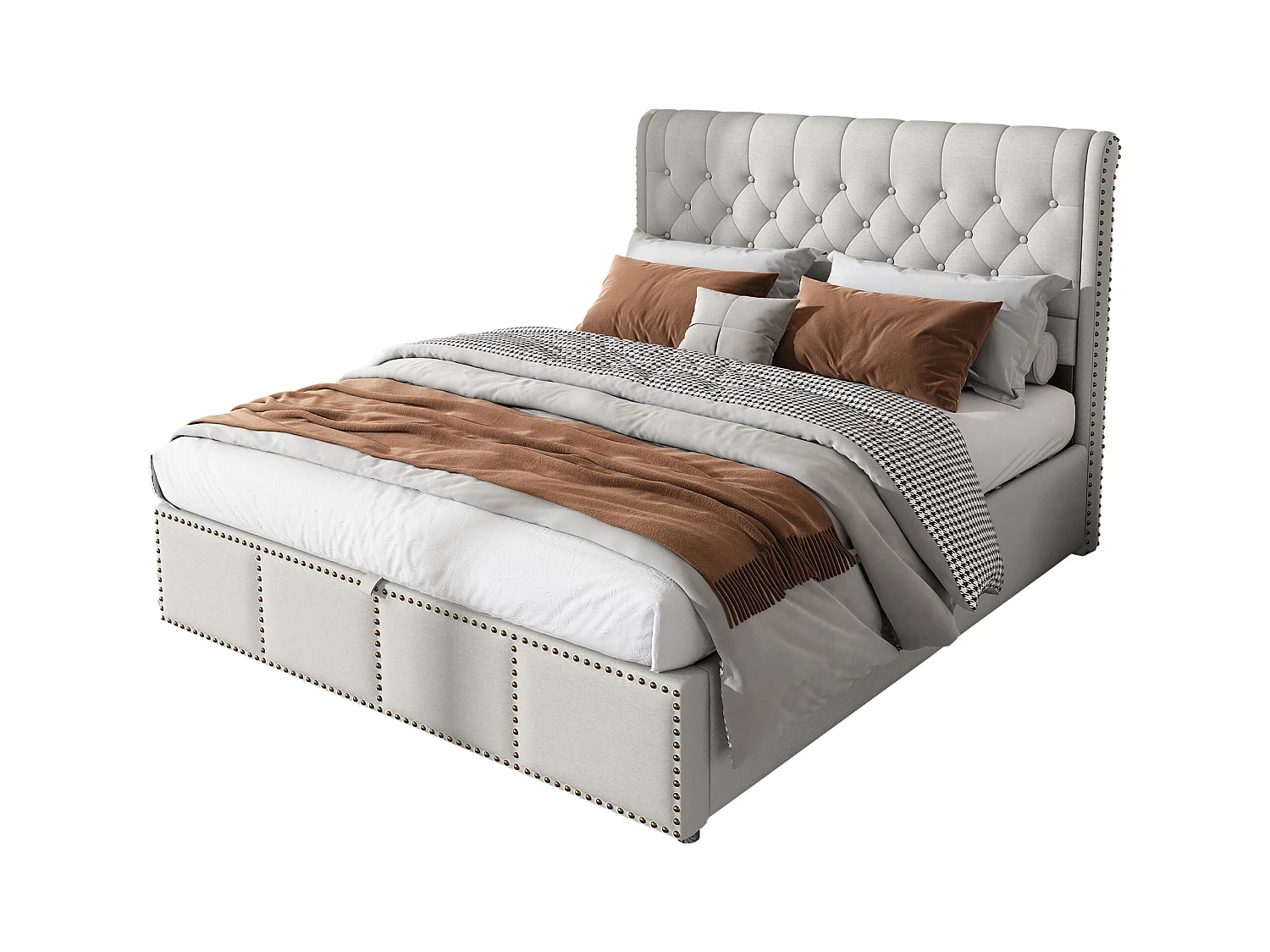 Cama tapizada de algodón y lino 160x200 cm gris claro con almacenaje y cabecero acolchado