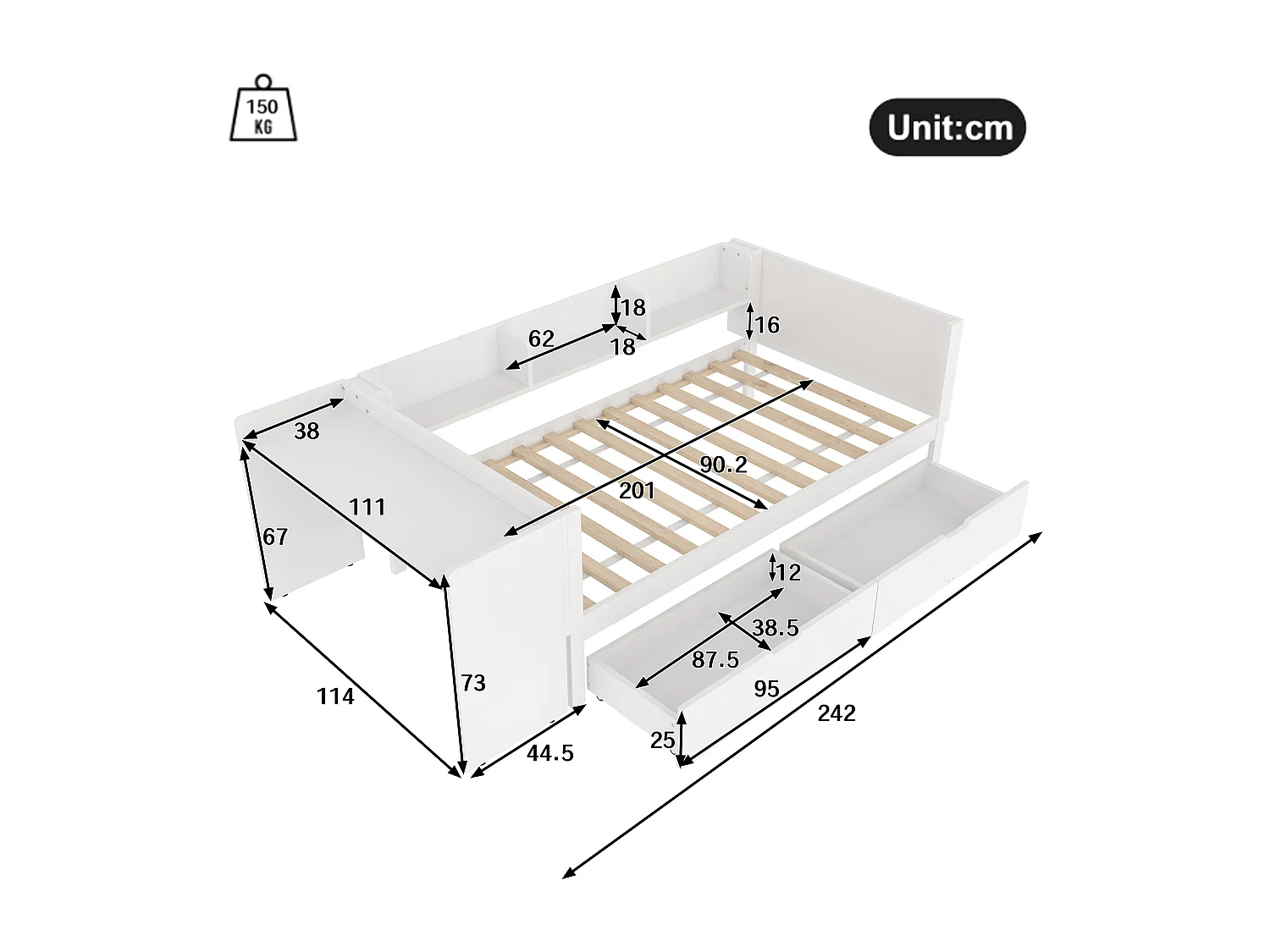 Lit enfant 90x200 cm bois avec Bureau et tiroirs blanc