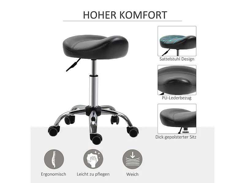 Tabouret roulant regolabile in alta qualità in simile cuoio nero, fondamentale per salone e massaggio