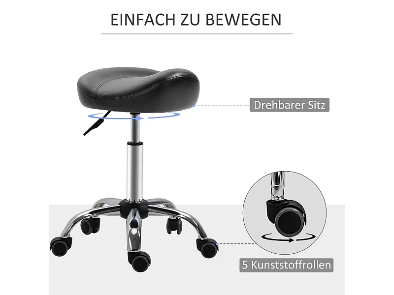 Tabouret roulant regolabile in alta qualità in simile cuoio nero, fondamentale per salone e massaggio