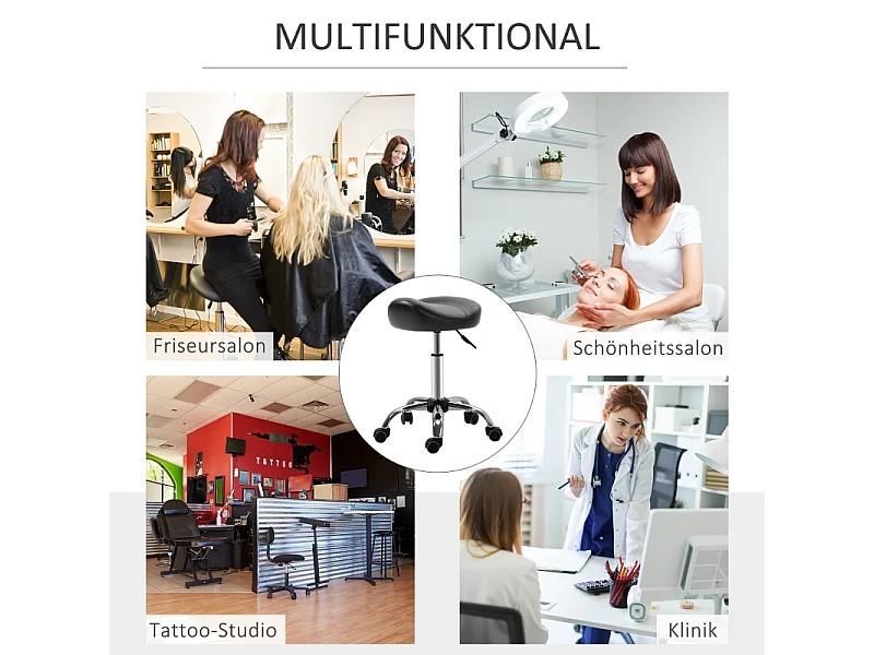 Tabouret roulant regolabile in alta qualità in simile cuoio nero, fondamentale per salone e massaggio