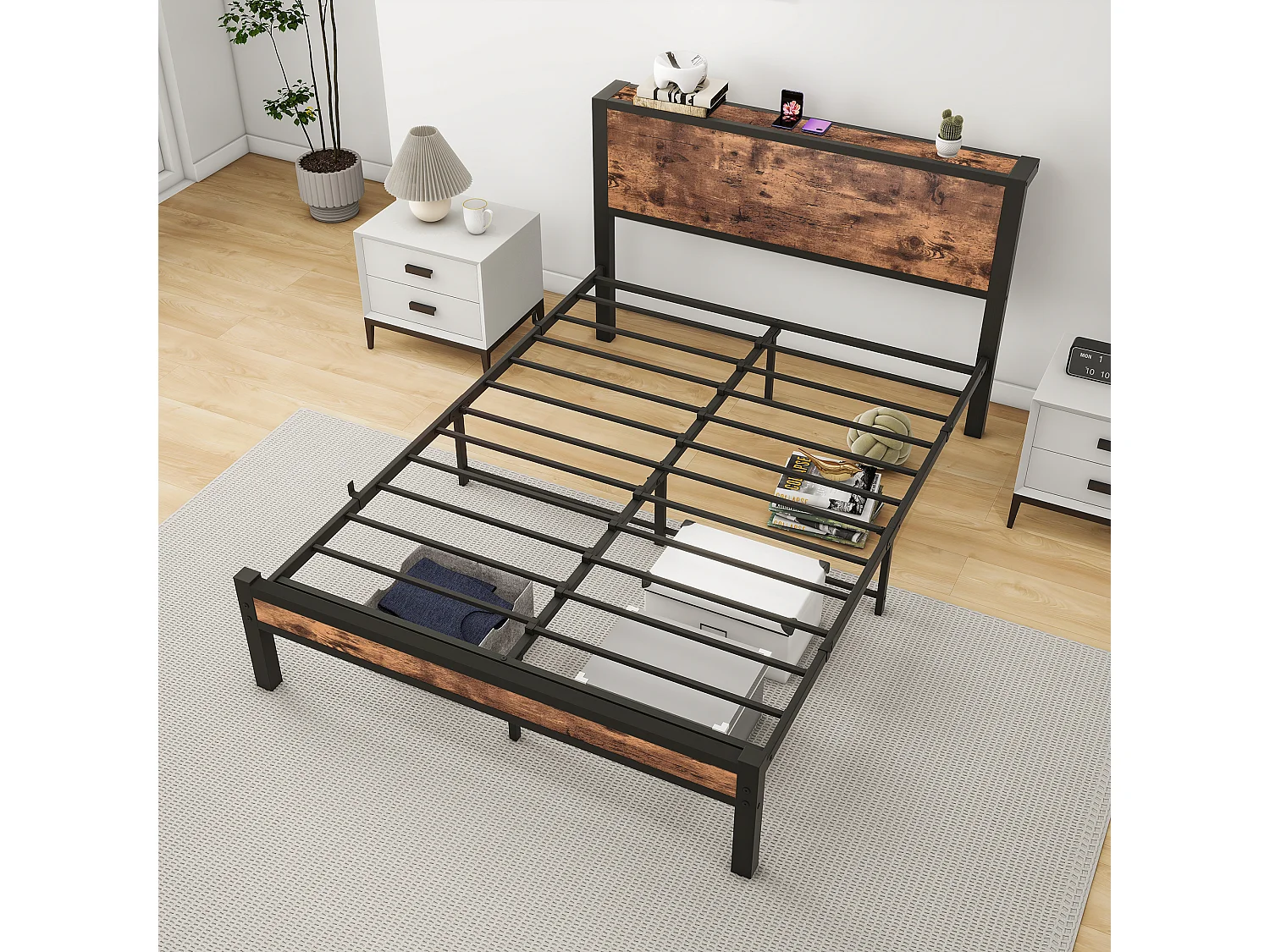 Lit simple 120x200 cm metallo e MDF con rangement tête de lit sans sommier brun vintage