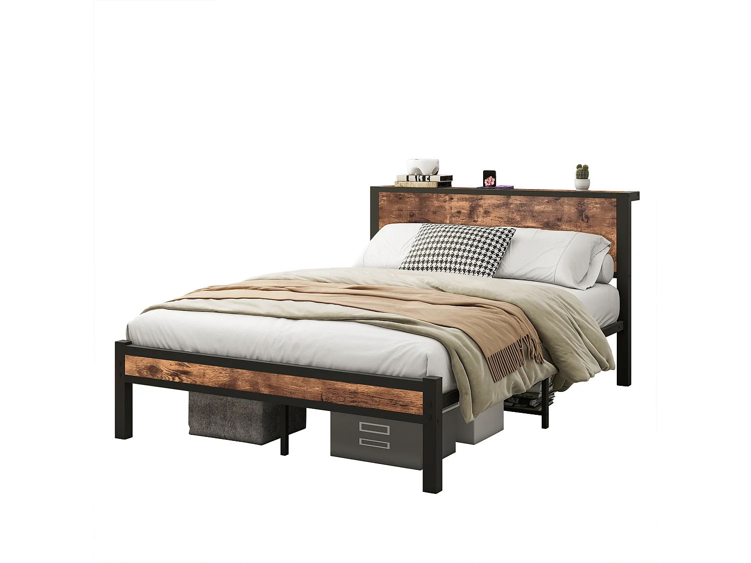 Lit simple 120x200 cm metallo e MDF con rangement tête de lit sans sommier brun vintage