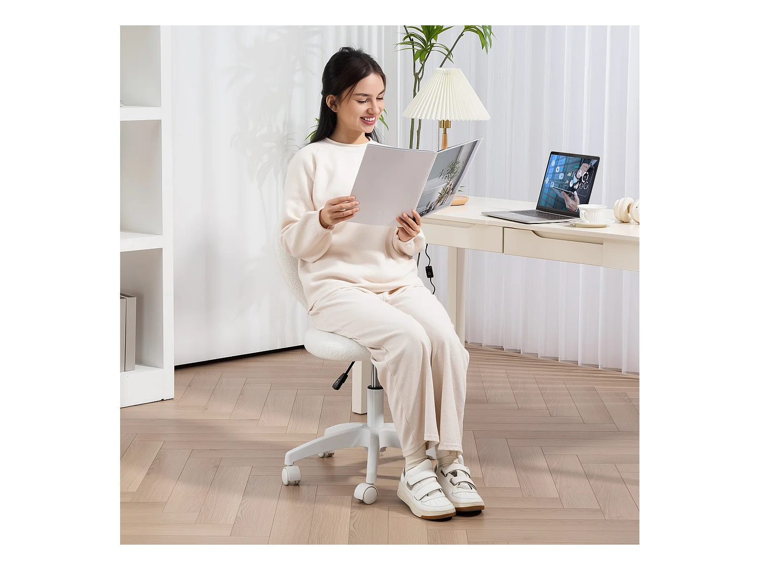 Fauteuil Bureau Cœur Teddy-Fleece bianco senza protezioni regolabili per l'home office