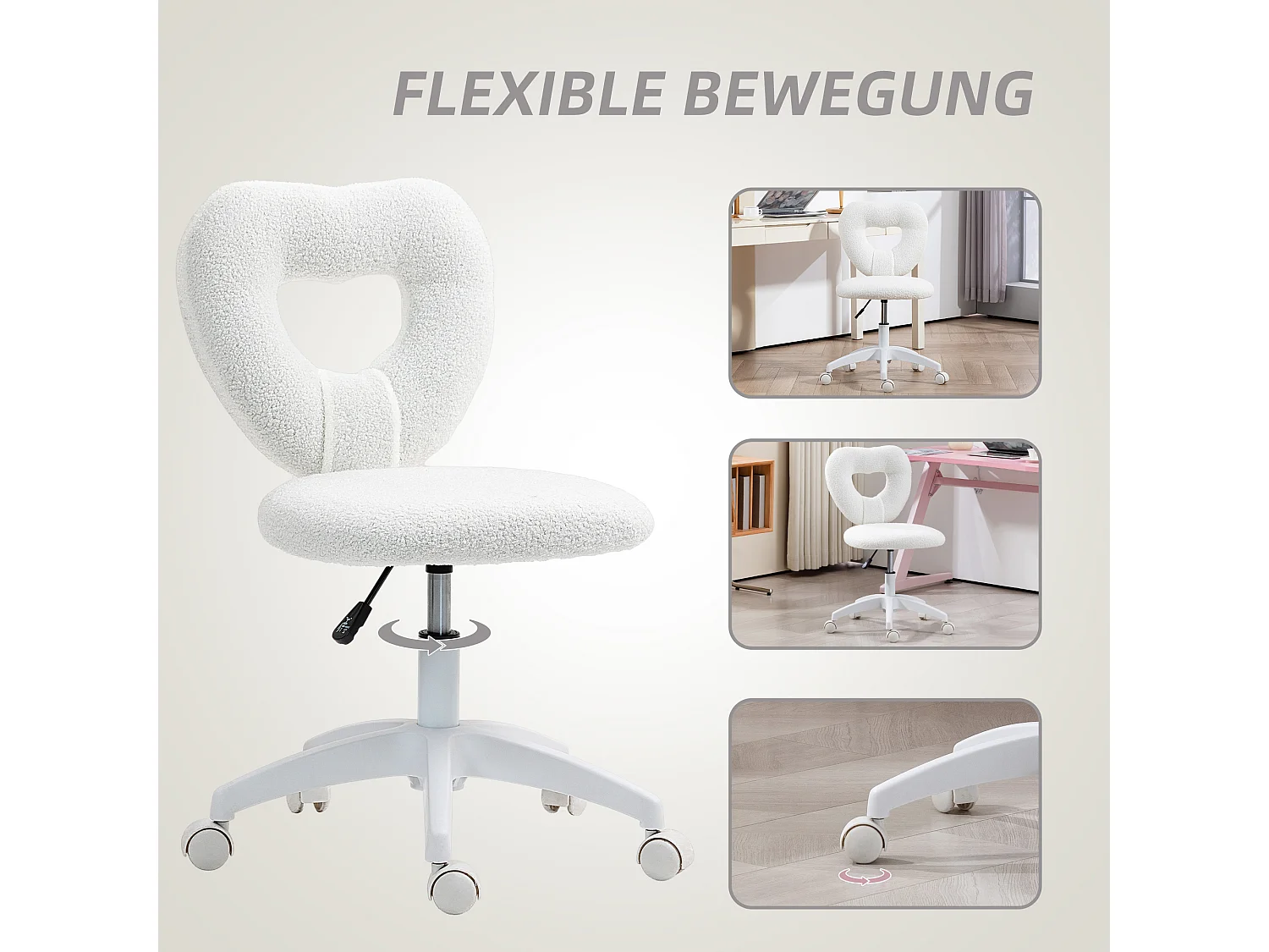 Fauteuil bureau cœur Teddy-Fleece blanc sans accoudoirs réglable pour home office