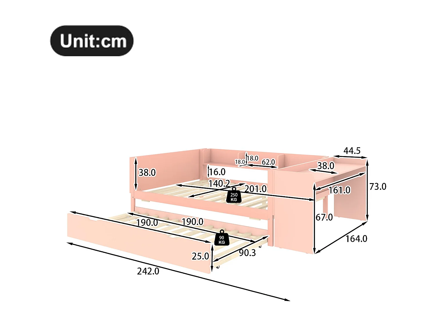 Lit enfant 140x200 cm bois avec Bureau et lit gigogne rose