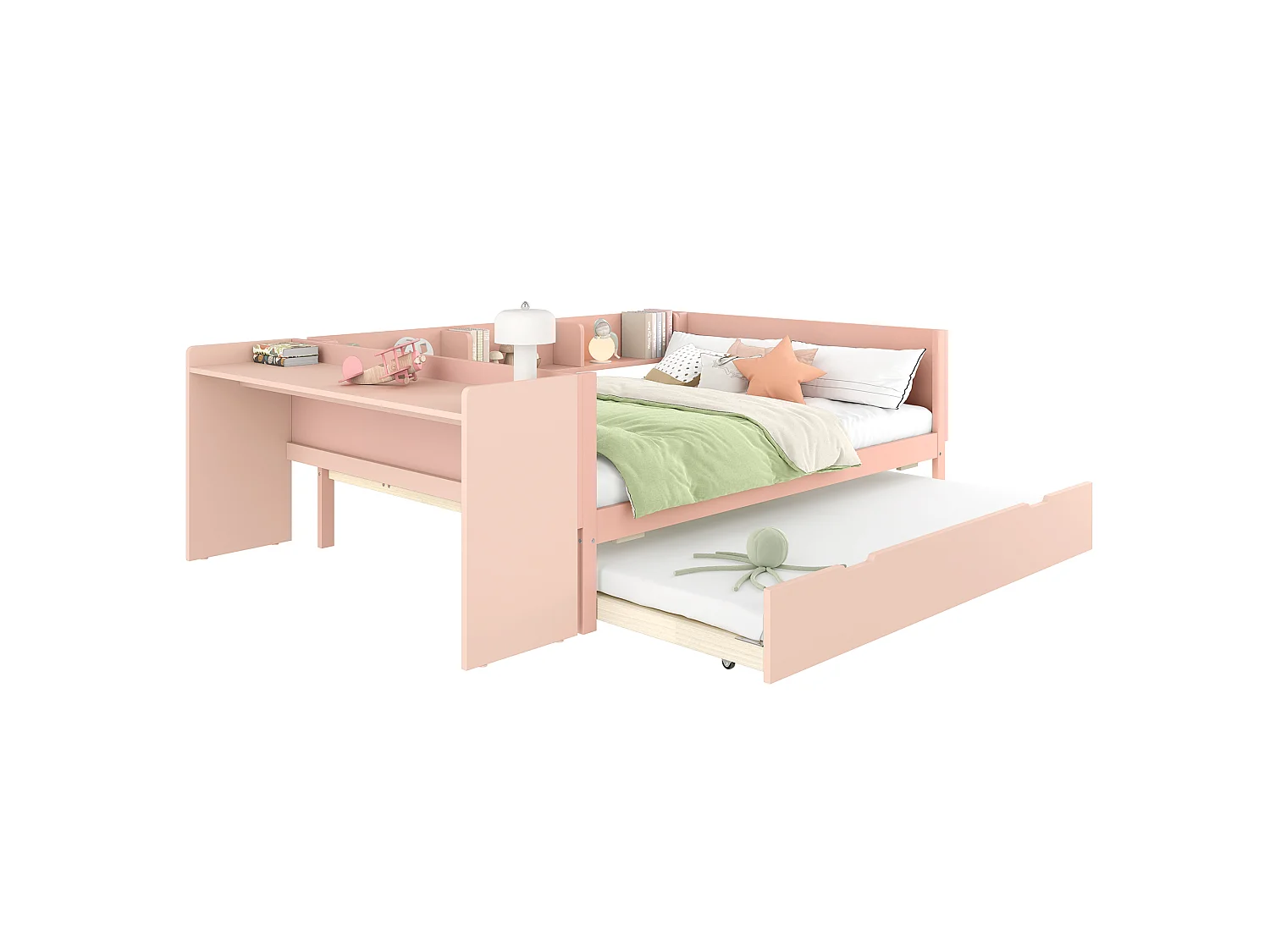 Lit enfant 140x200 cm bois avec Bureau et lit gigogne rose