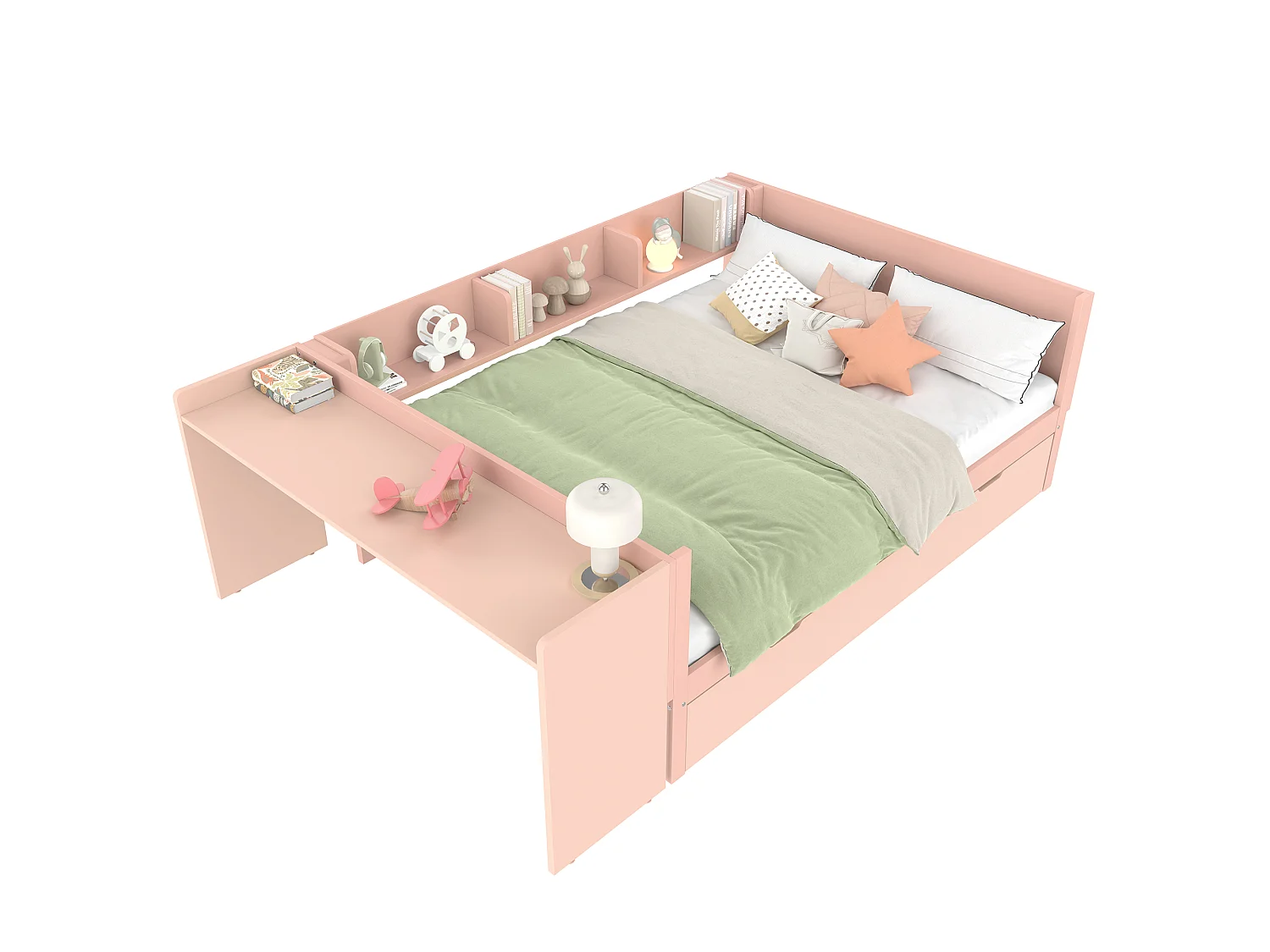 Lit enfant 140x200 cm bois avec Bureau et lit gigogne rose