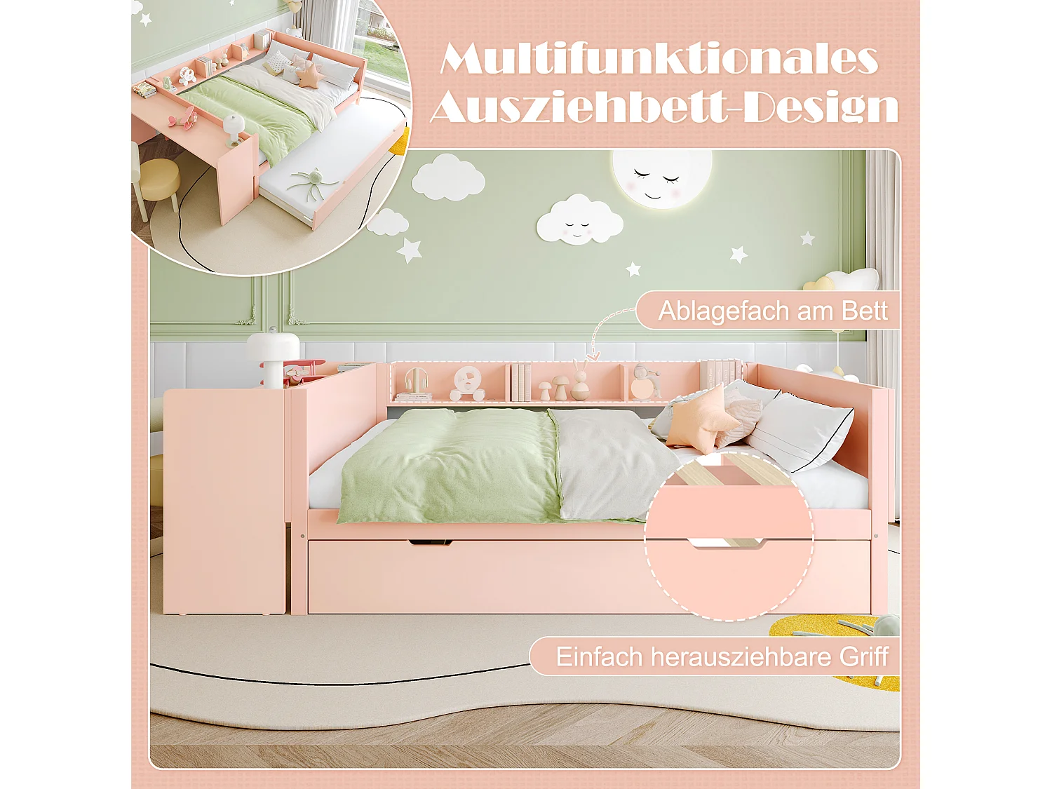 Lit enfant 140x200 cm bois avec Bureau et lit gigogne rose