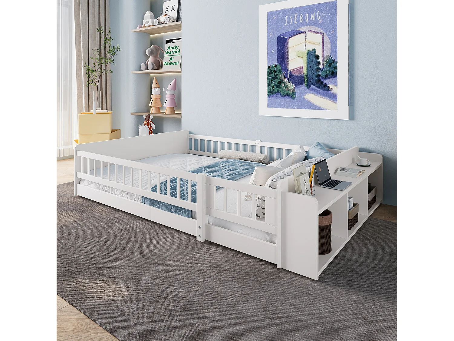 Lit enfant 140x190 bois massif rangement ouvert étagères sécurité blanc
