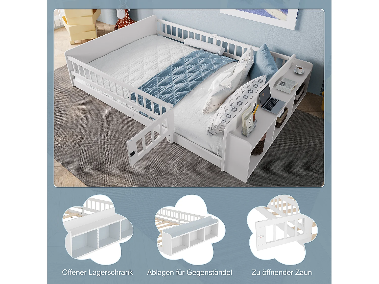 Lit enfant 140x190 bois massif rangement ouvert étagères sécurité blanc