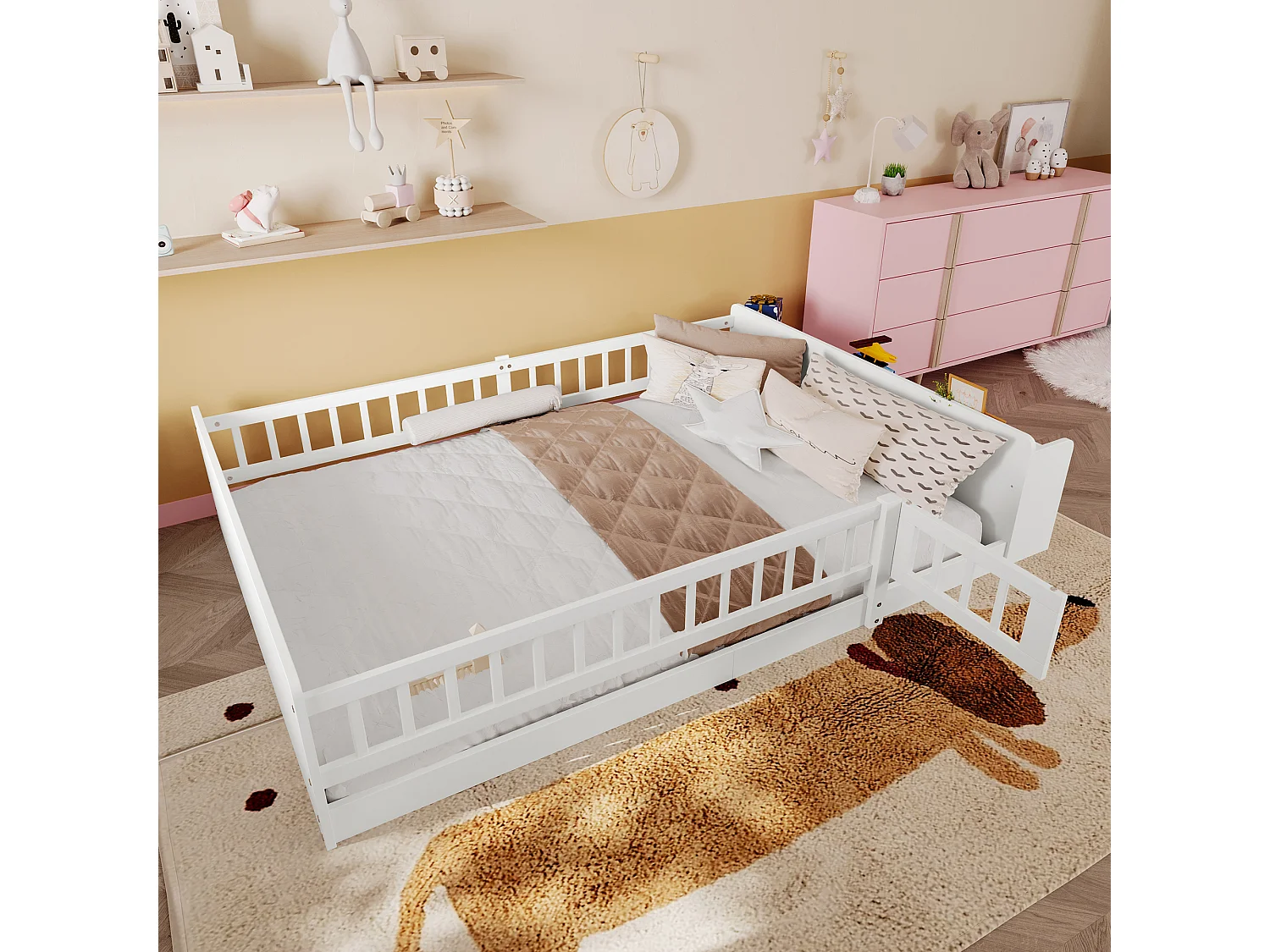 Lit enfant 140x190 bois massif rangement ouvert étagères sécurité blanc