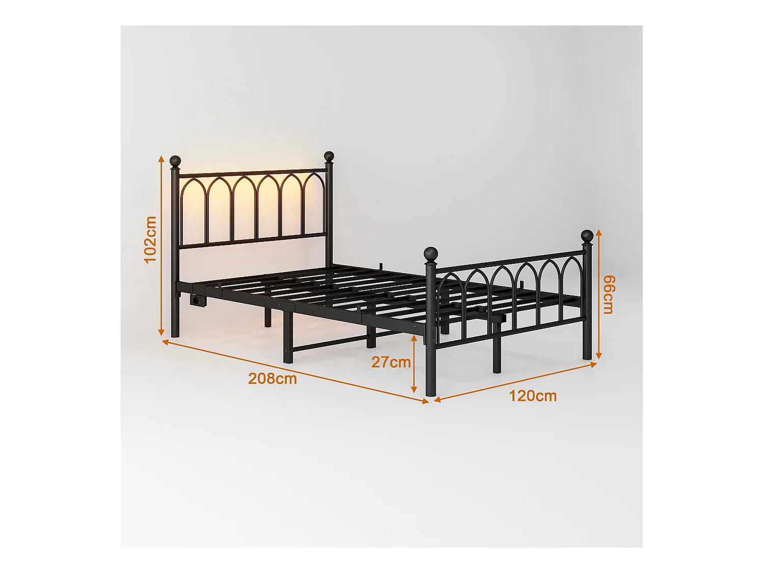 Cama 120x200 cm cabezal y pie de metal vintage LED USB almacenaje negro