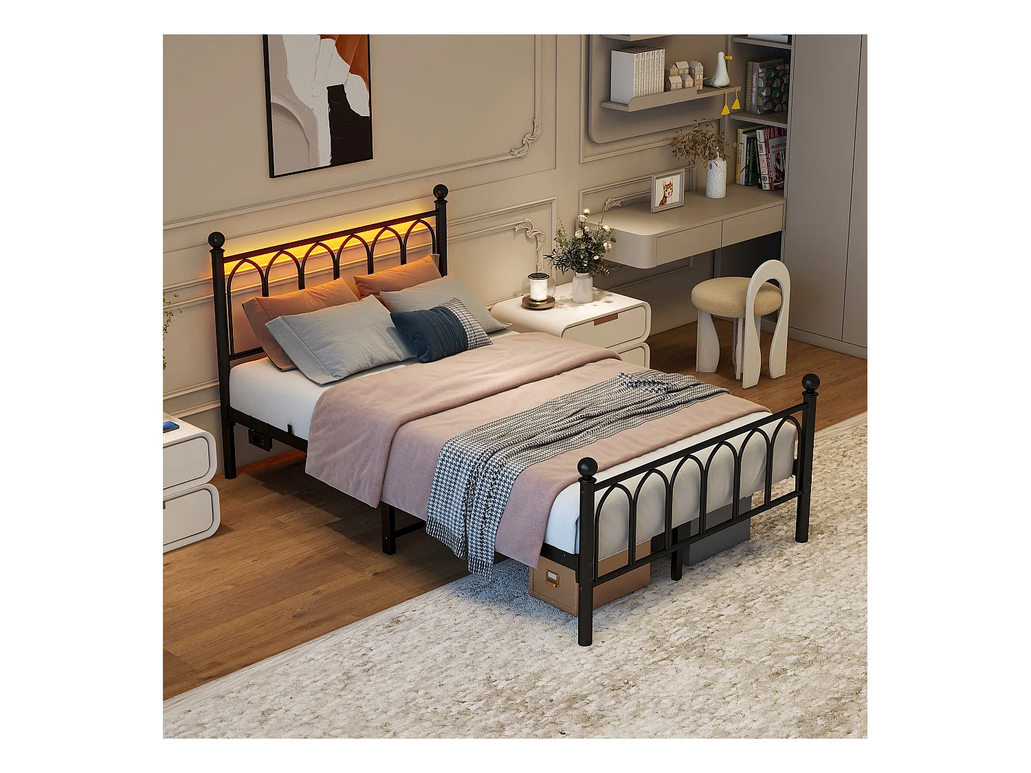 Cama 120x200 cm cabezal y pie de metal vintage LED USB almacenaje negro