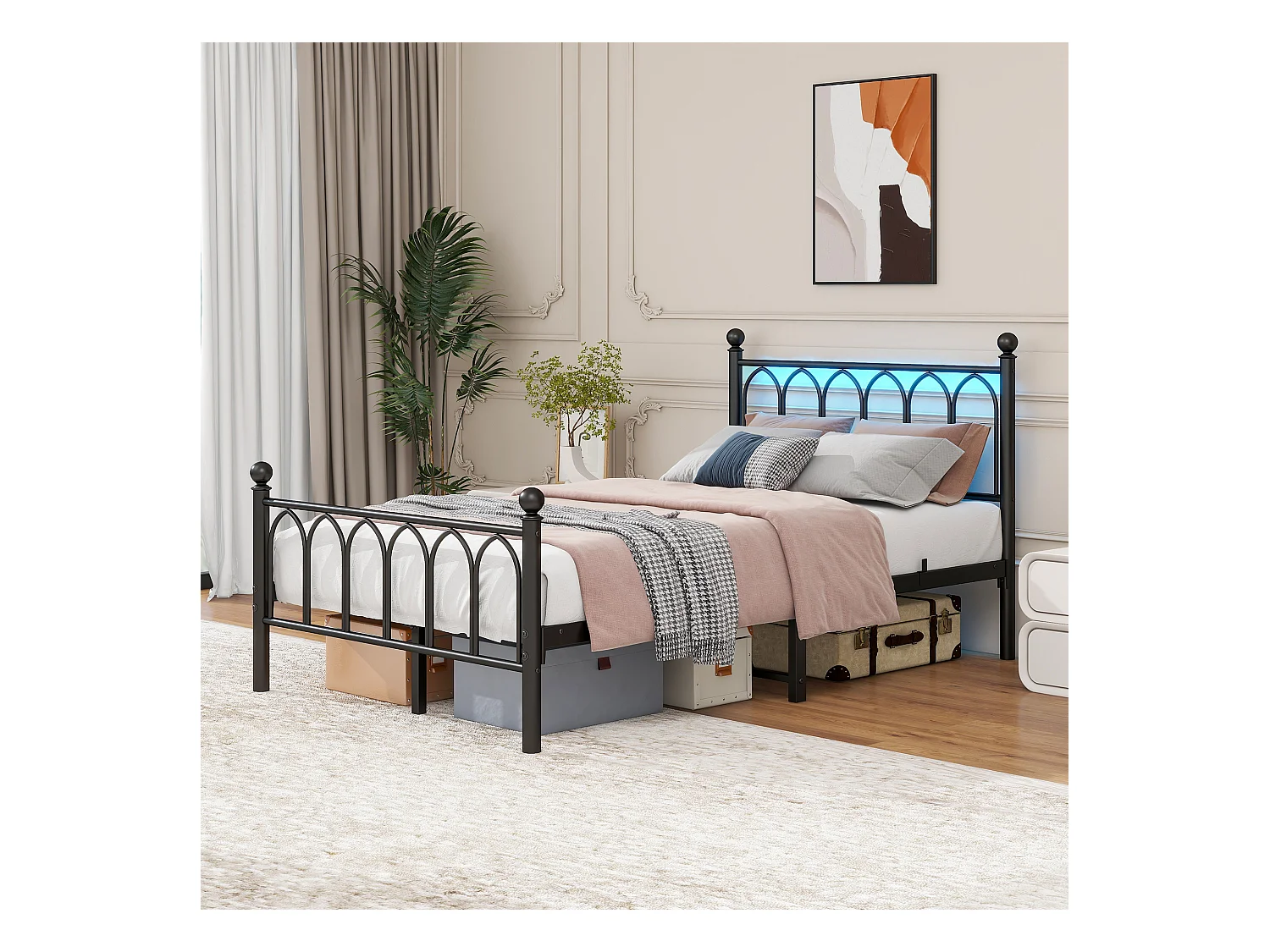 Cama 120x200 cm cabezal y pie de metal vintage LED USB almacenaje negro